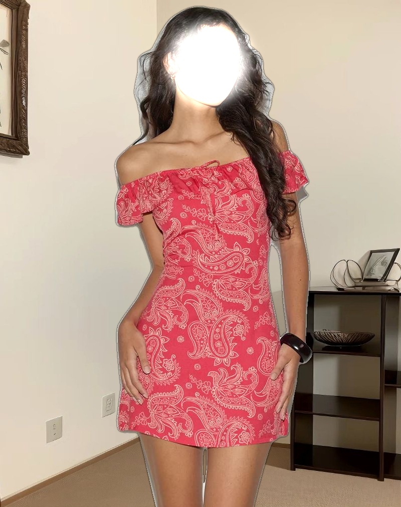 Kenja Bardot Mini Dress in Retro Paisley Pink