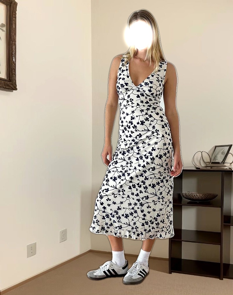 Gabriela Midi Dress in Grunge Floral Flock Cream