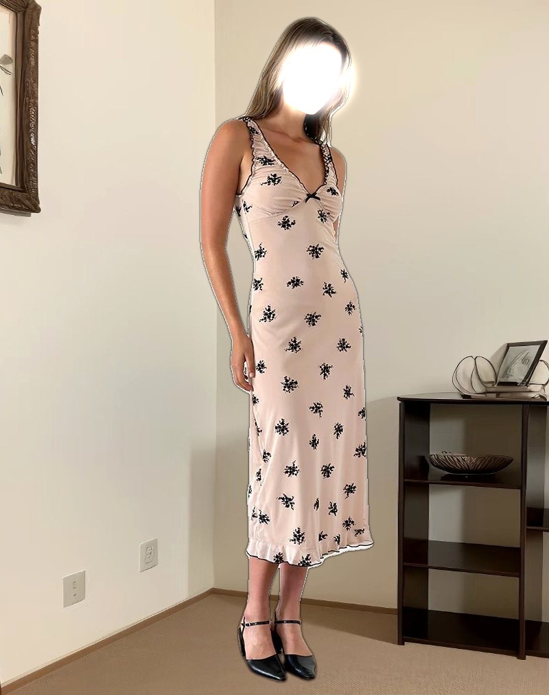 Gandira Midi Dress in Cluster Ditsy Floral Flock Nude