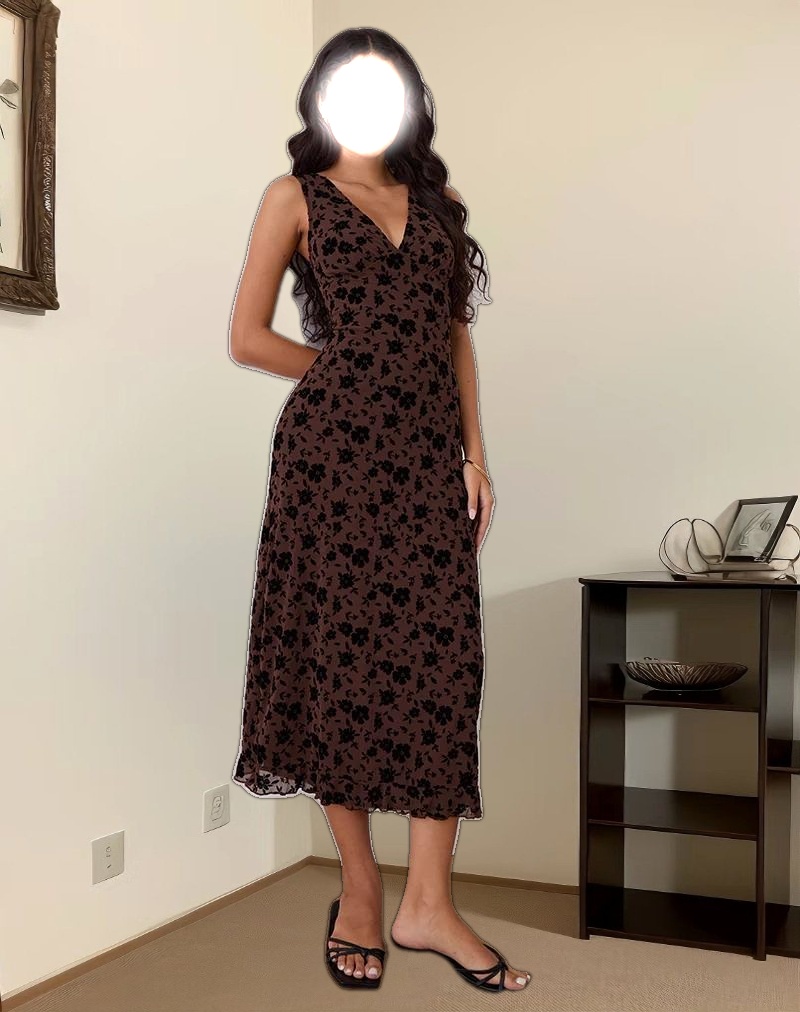 Gabriela Midi Dress in Garden Floral Brown