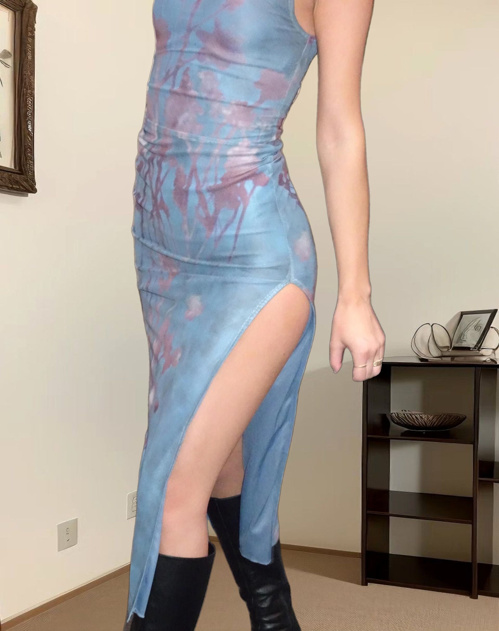 MOTEL X JACQUIE Flo Midi Dress in Lumen Mesh Blue