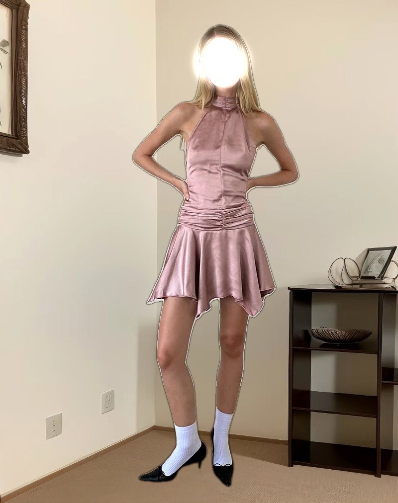 Hydri Satin Halterneck Mini Dress in Baby Pink