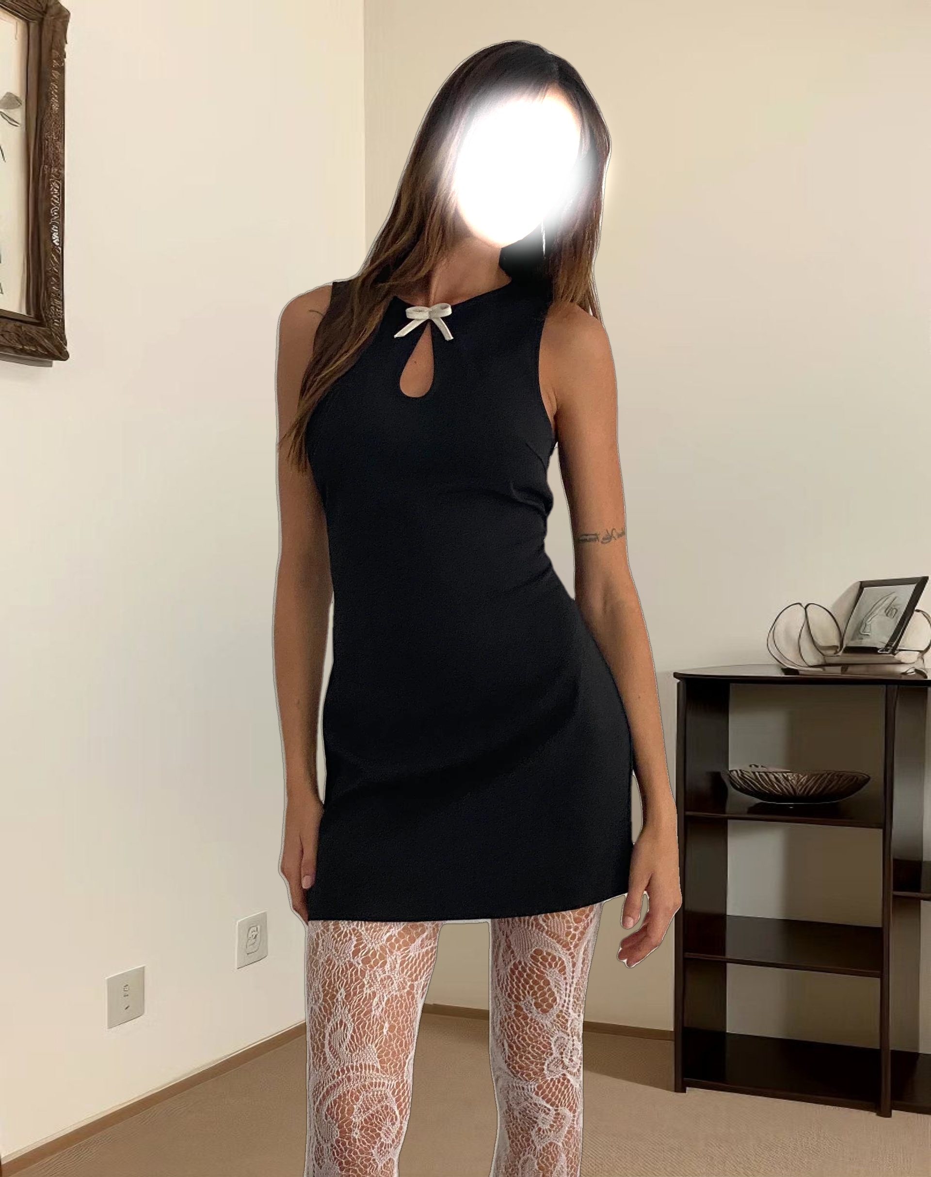 Bibidia Mini Dress in Black with Cream Bow