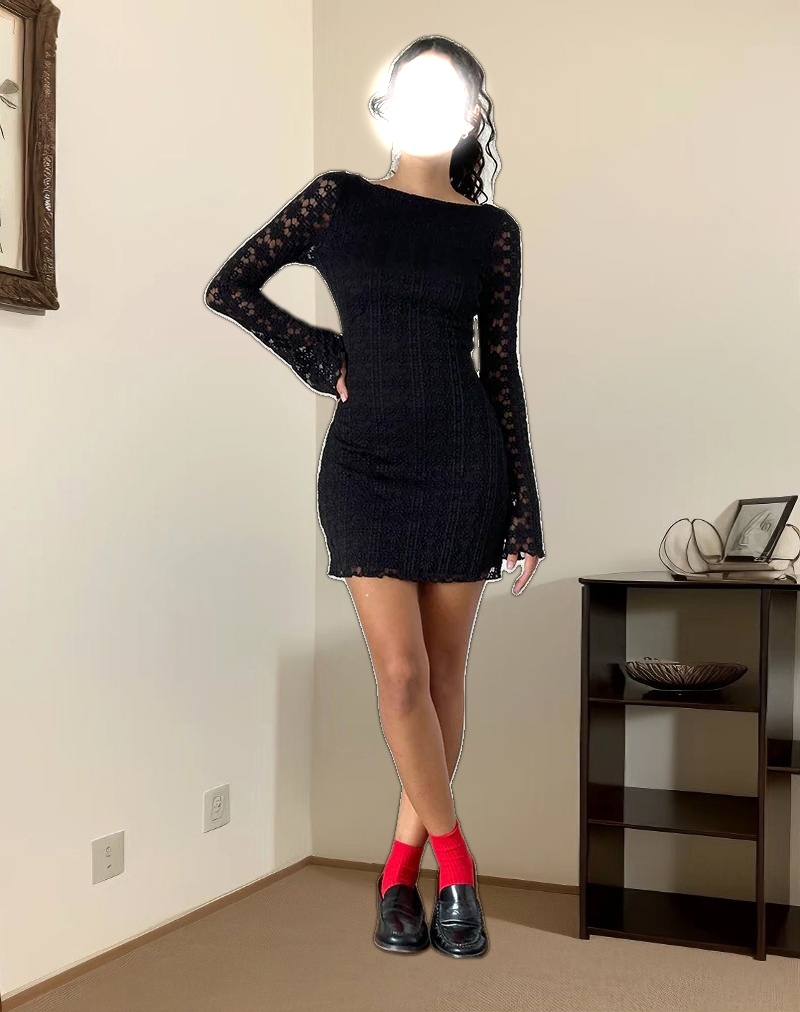 Sevila Long Sleeve Mini Dress in Regal Lace Black