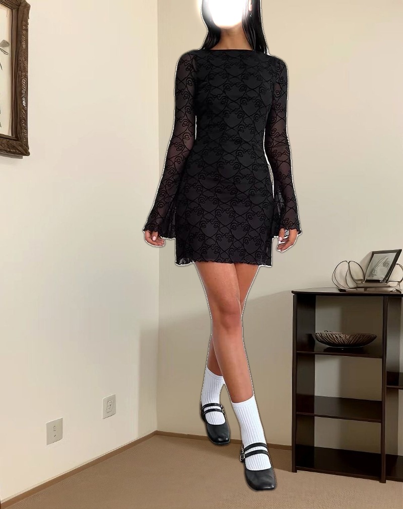Sevila Long Sleeve Mini Dress in Black Queen of Heart Flock