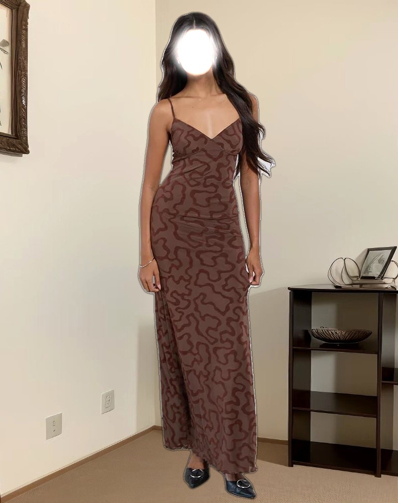 Kalana Maxi Dress in Brown Swirl Flock