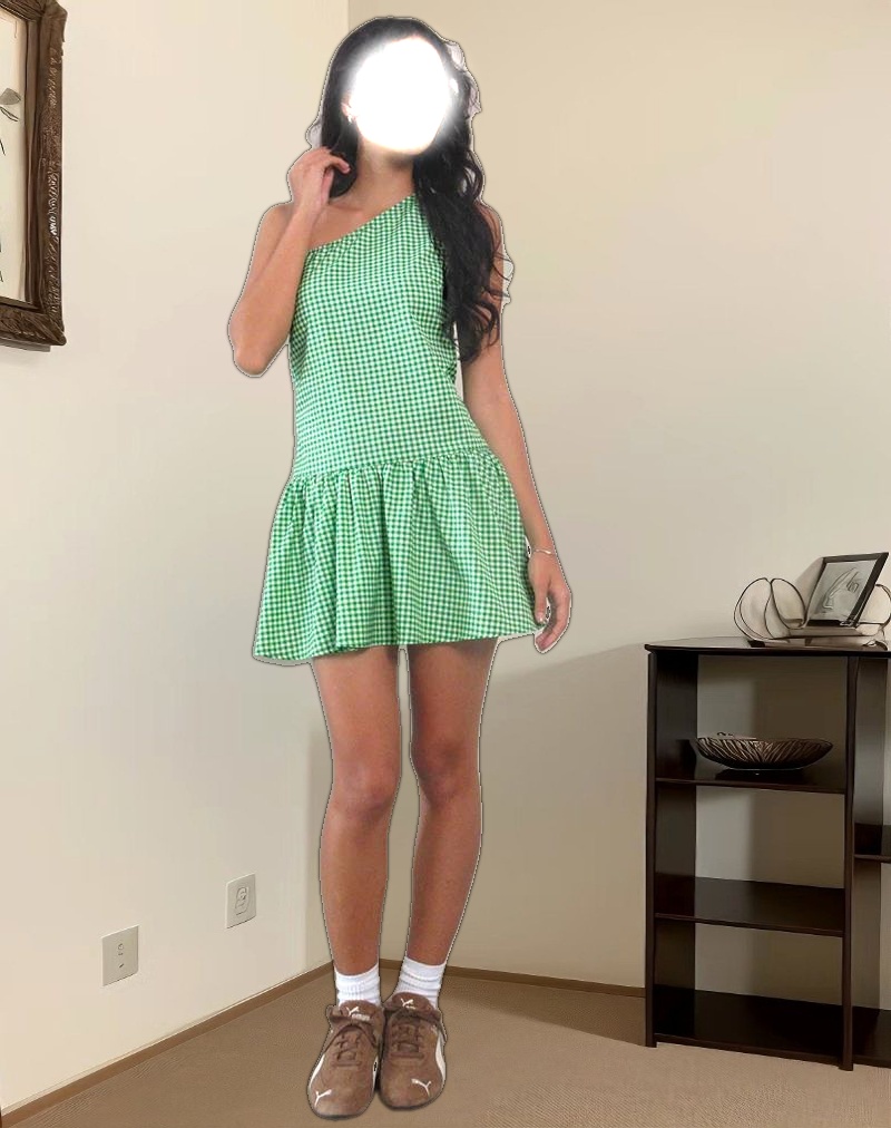 Munasa One Shoulder Mini Dress in Mini Gingham Green