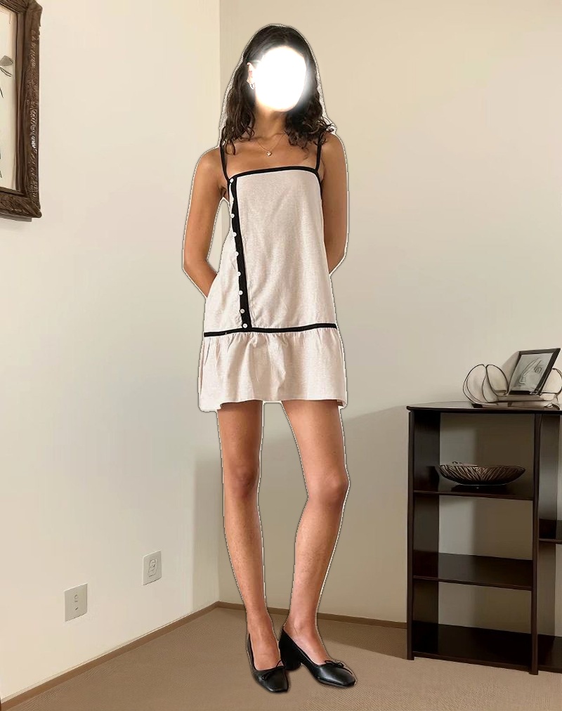 Berin Mini Tea Dress in Linen Ecru with Black Binding