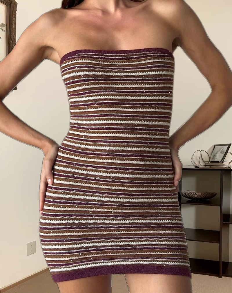 Rosbina Bandeau Mini Dress in Shimmer Stripe Knit Rust