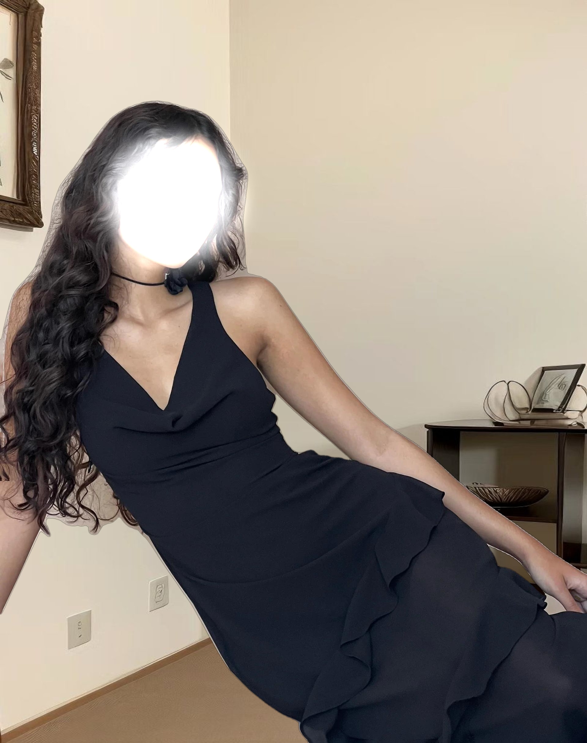 Otna Ruffle Detail Chiffon Maxi Dress in Black