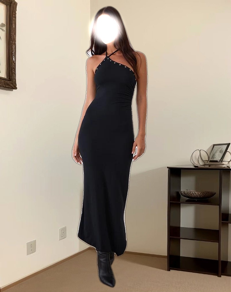 Ishikawa Asymmetrical Maxi Dress with Eyelets in Black