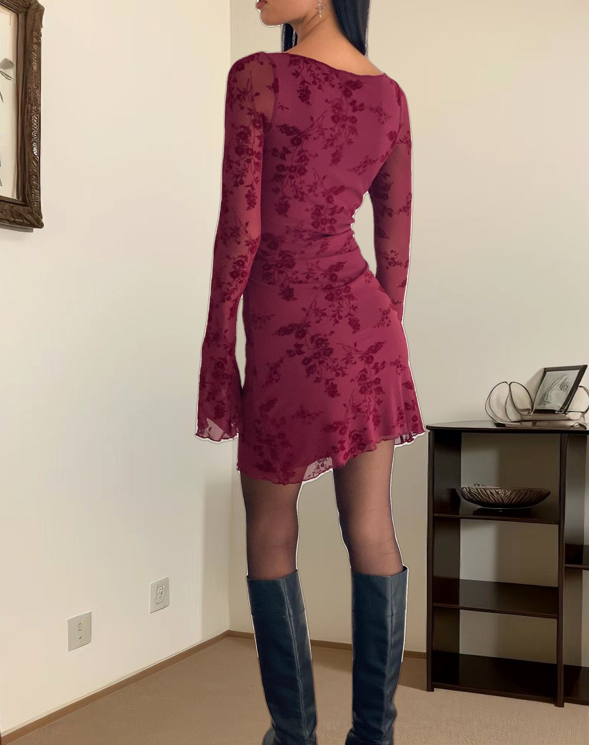 Sevila Long Sleeve Mini Dress in Flocked Botanical Flower Maroon