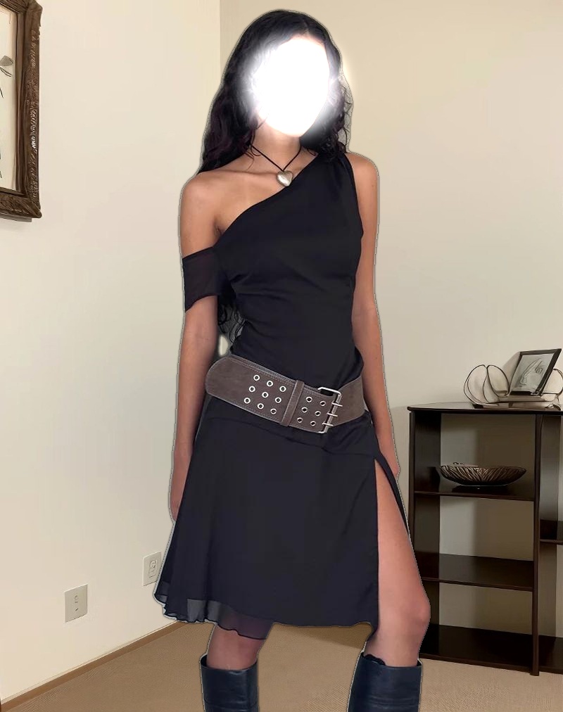 Carissa One Shoulder Chiffon Midi Dress in Black