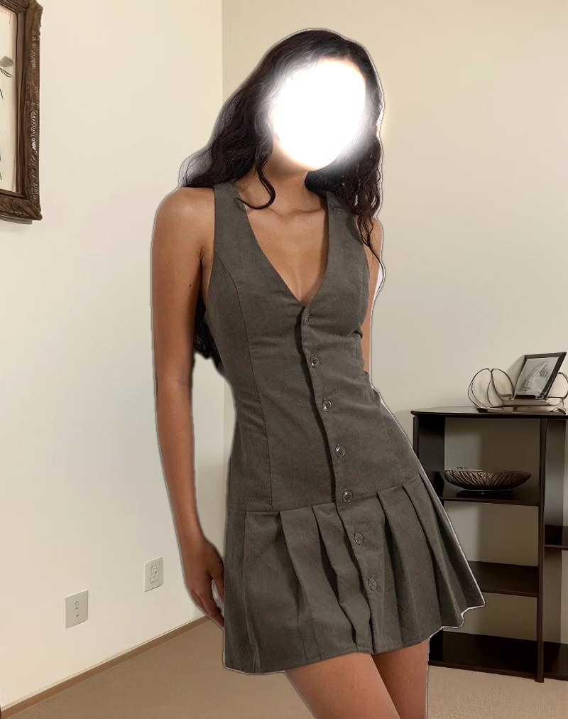 Starrin Button Mini Dress in Cord Brown