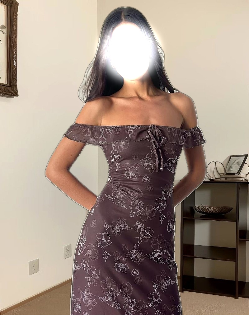 Catrin Midi Dress in Doodle Flower Flock Brown