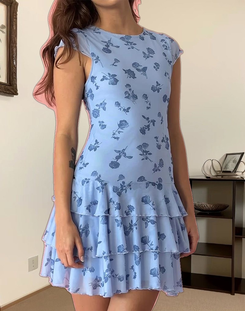 Mirtilo Mini Dress in Inky Blue Floral Mesh