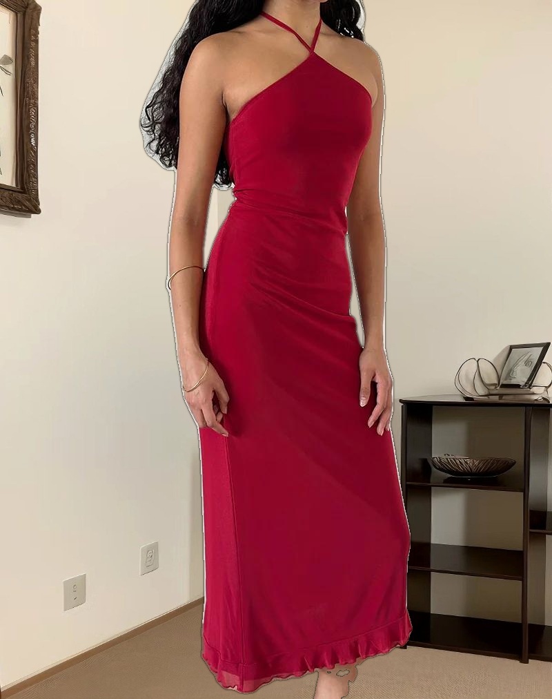 Ribka Halterneck Midi Dress in Mesh Cherry