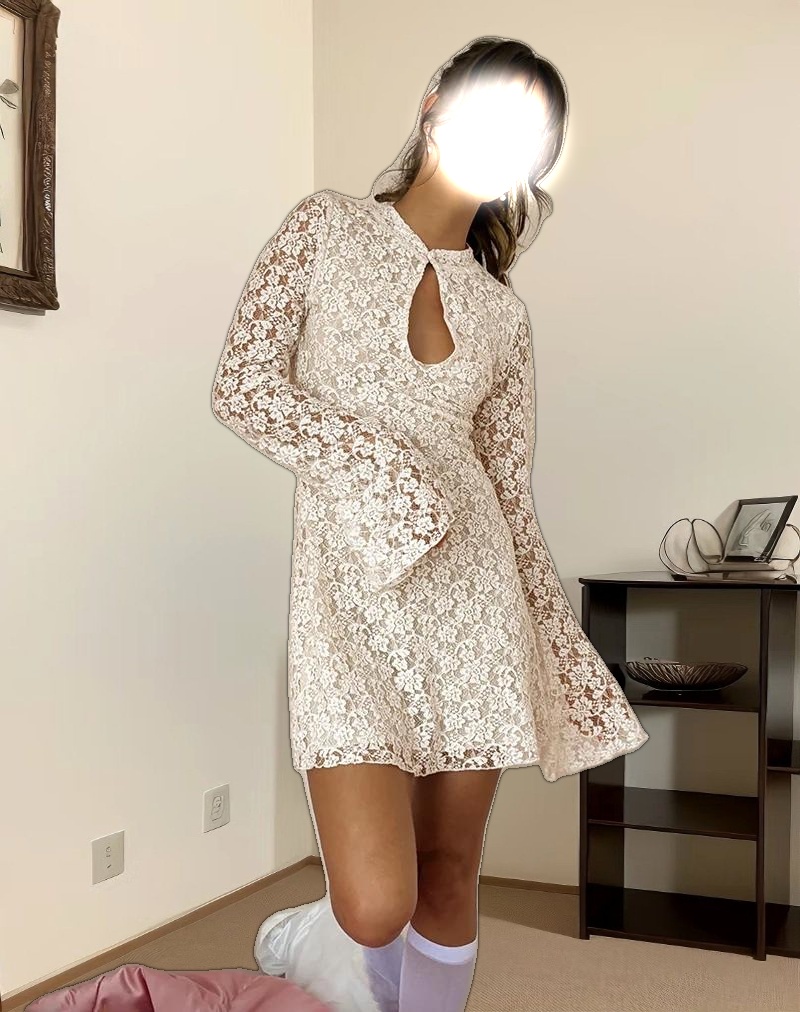 Silvanna Long Sleeve Keyhole Mini Dress in Lace Ivory