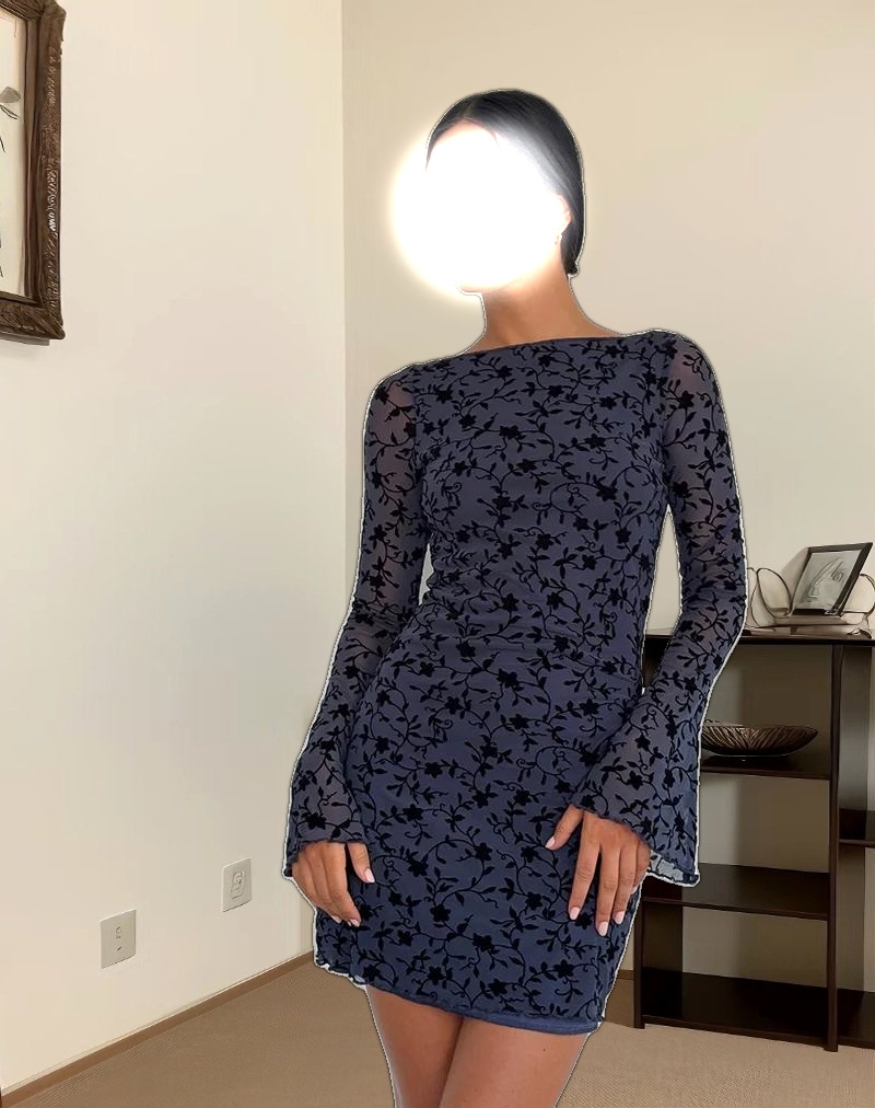 Sevila Long Sleeve Mini Dress in Flocked Petal Navy