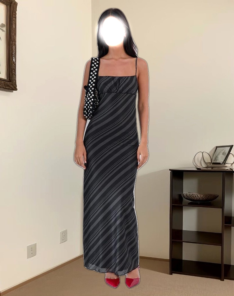 Darsih Maxi Dress in Irregular Stripe Grey Black