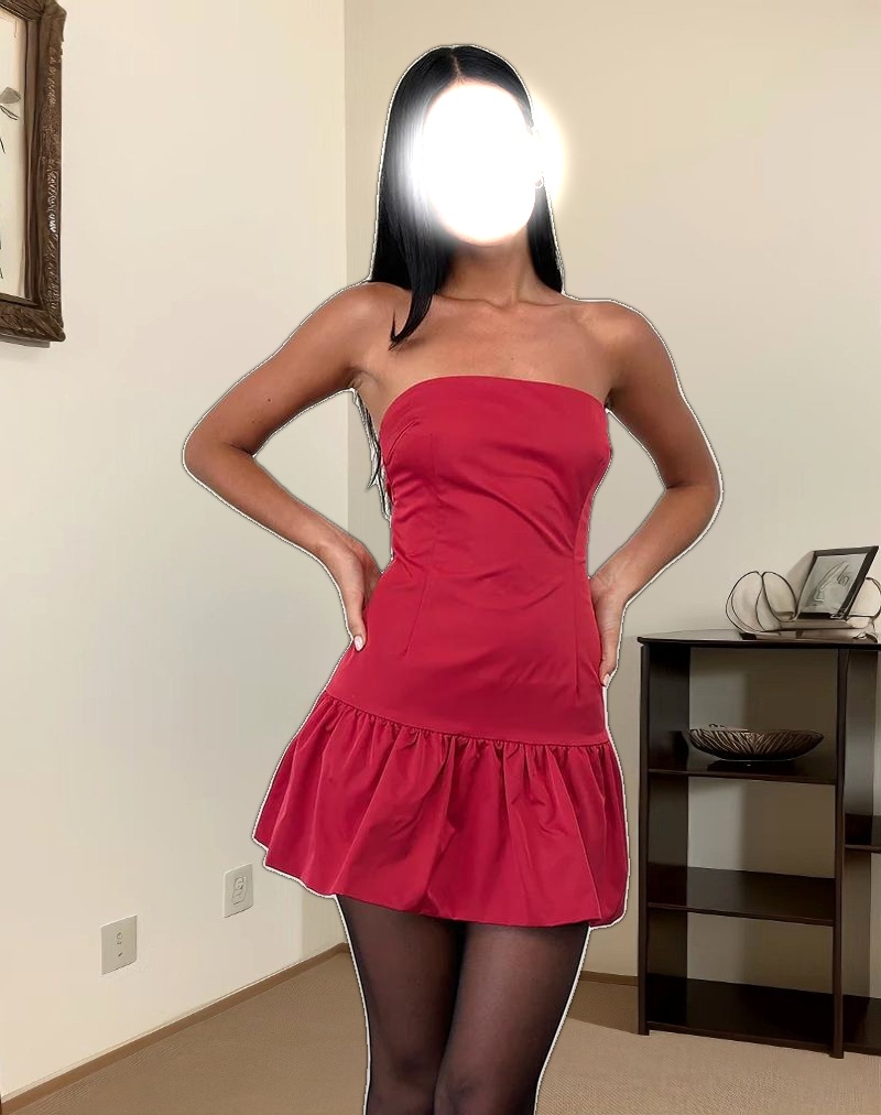 Denama Puffball Mini Dress in Deep Red