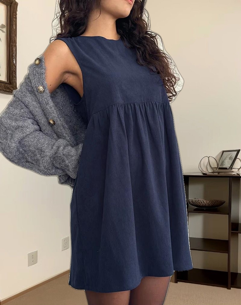 Sheba Mini Dress in Babycord Ink Blue