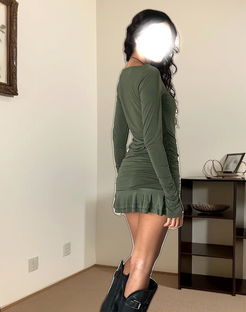 Gillian Long Sleeve Mini Dress in Slinky Khaki