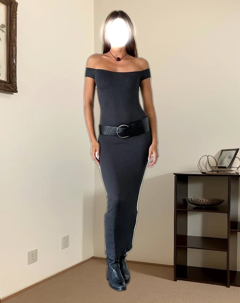 Racha Thick Rib Bardot Maxi Dress in Black Forest