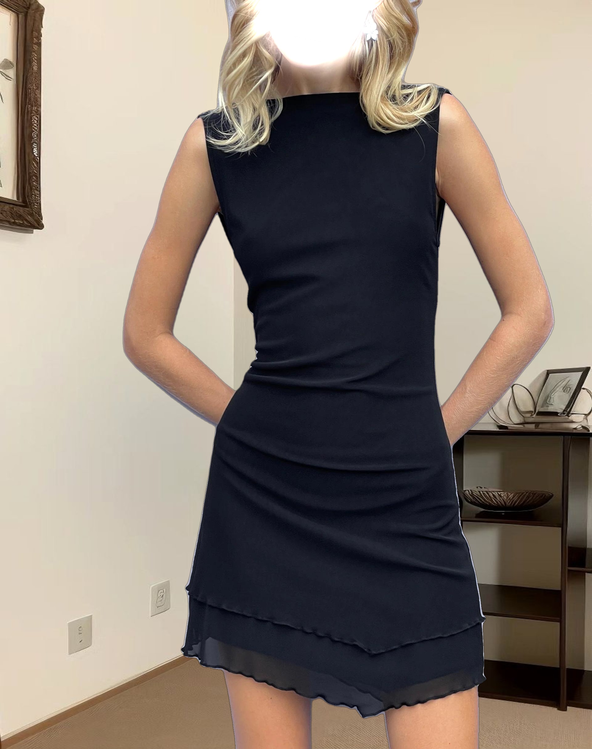 Renata Asymmetrical Mini Dress in Black Mesh