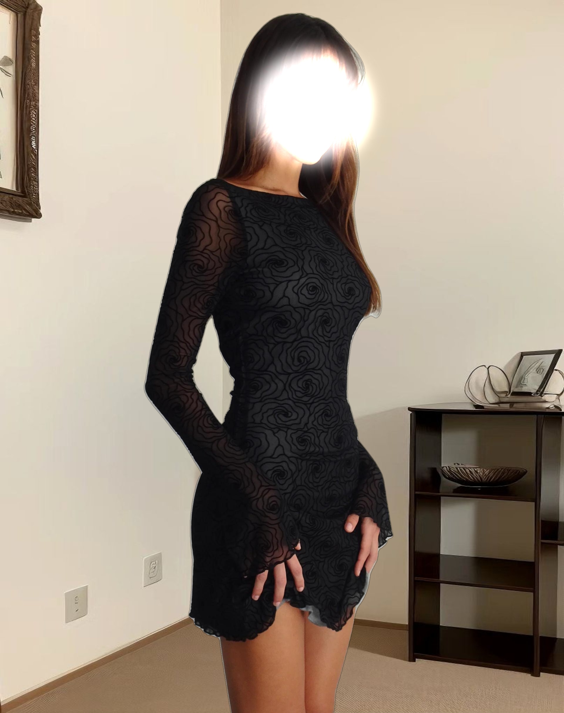 Sevila Long Sleeve Mini Dress in Mesh Black Abstract Flower Flock