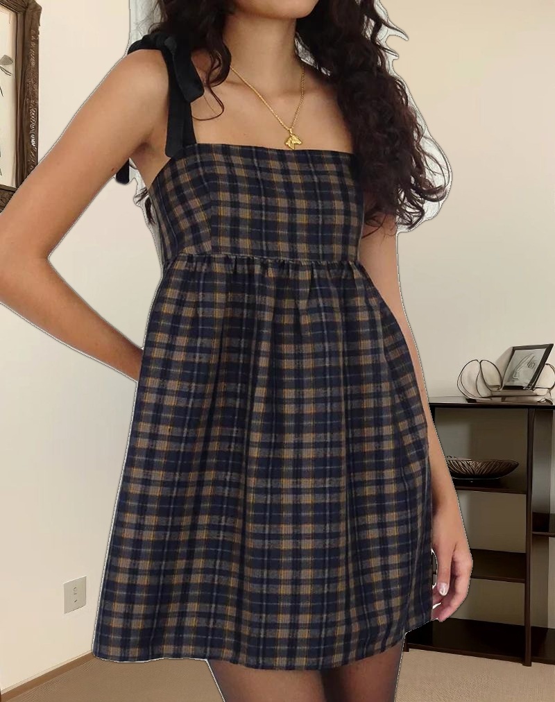 Mikayla Square Neck Mini Dress in Navy and Mustard Check