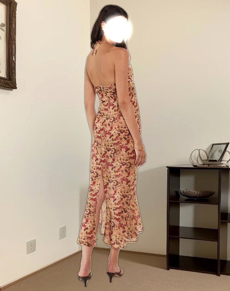 Alette Halterneck Maxi Dress in Chiffon Rusty Flower