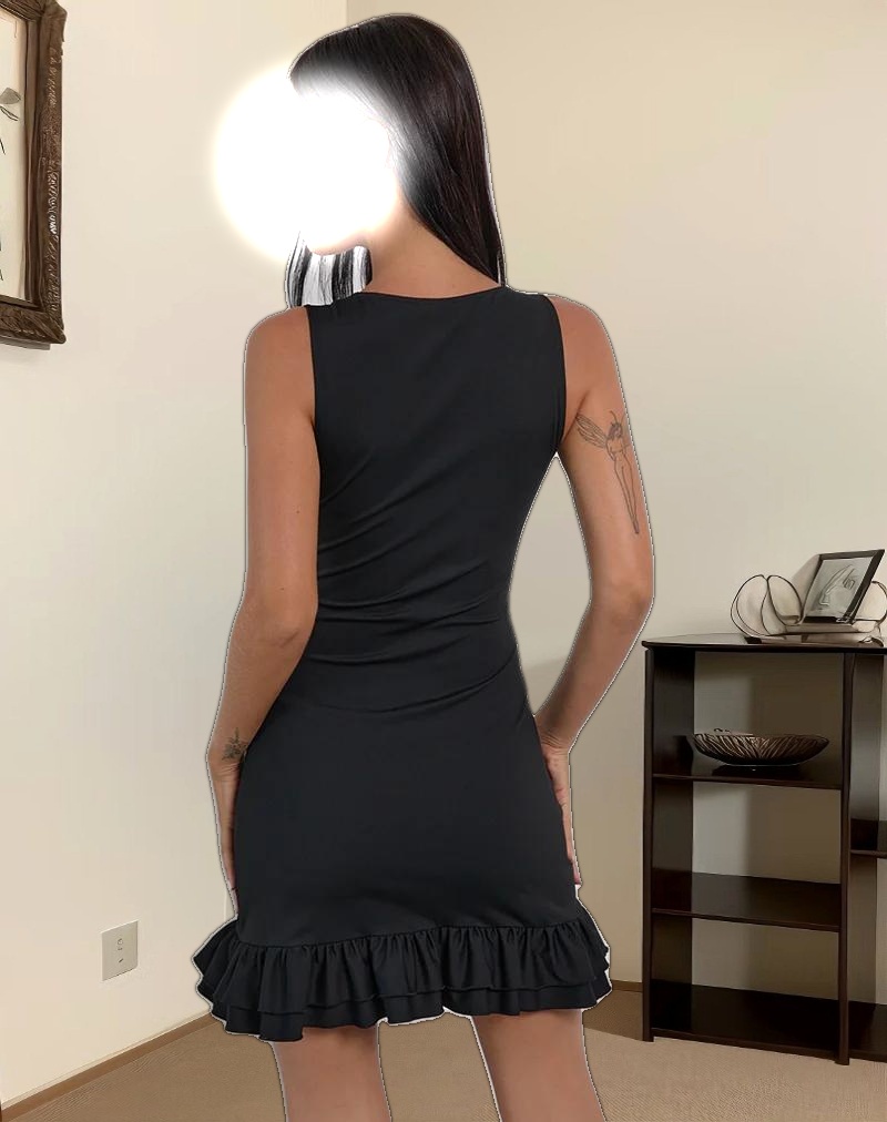 Jessa Ruffle Hem Buckle Strap Mini Dress in Black