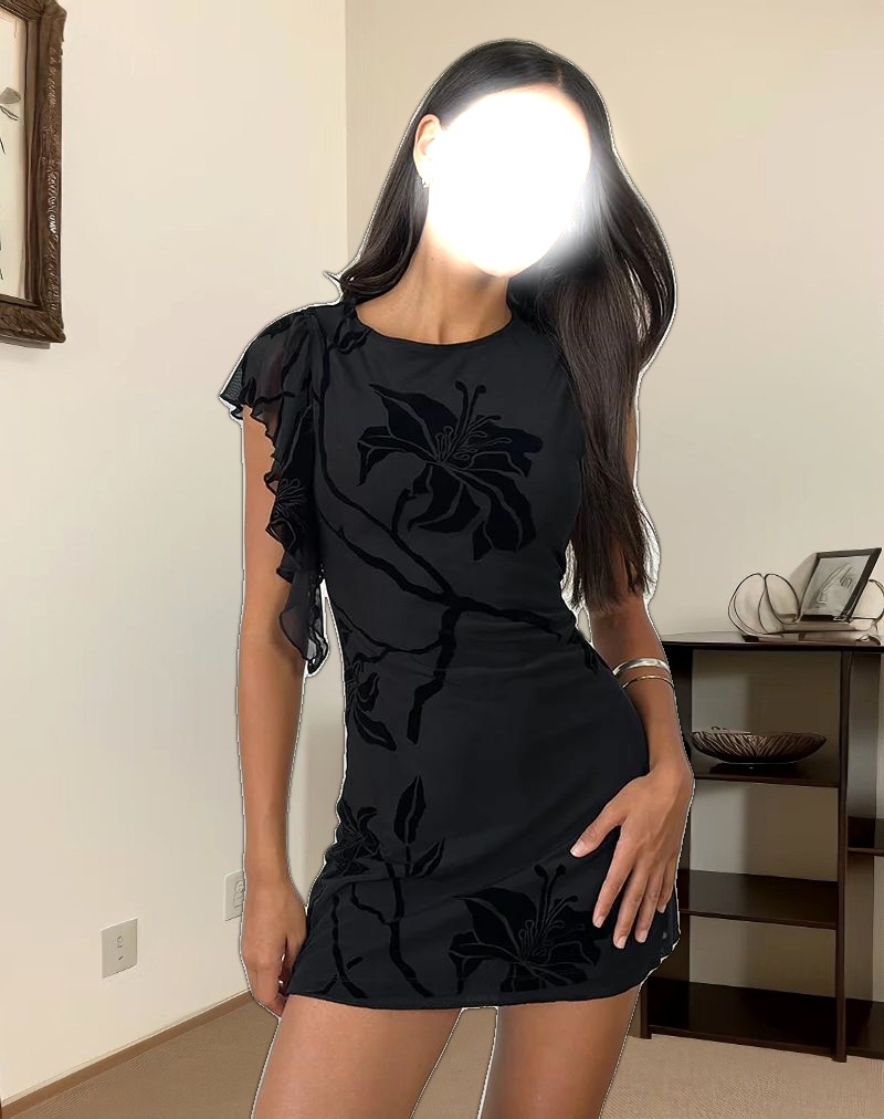 Salya Mini Dress in Orchids Flock Black