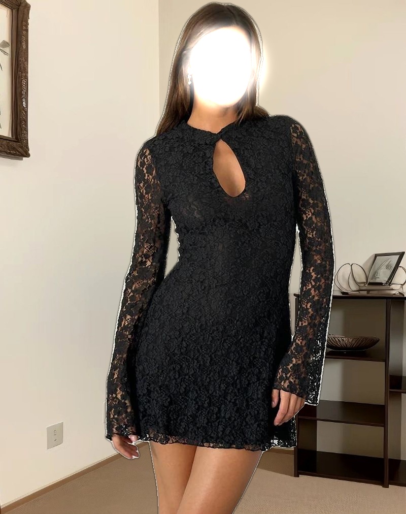 Silvanna Keyhole Mini Dress in Lace Black