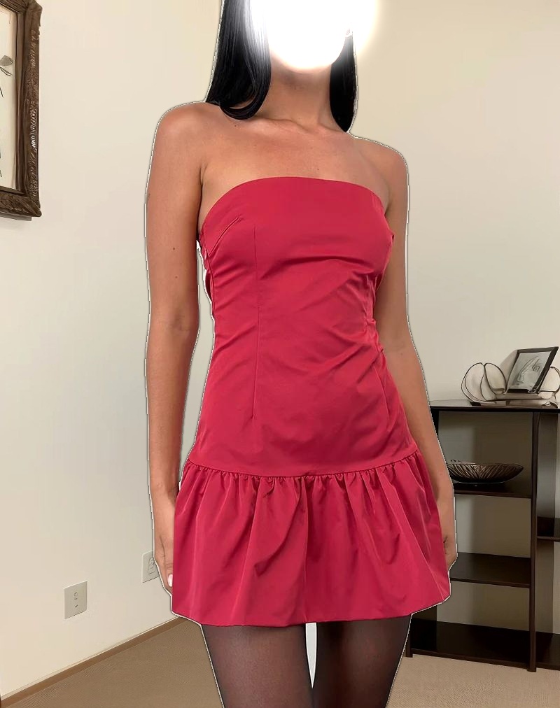 Denama Puffball Mini Dress in Deep Red