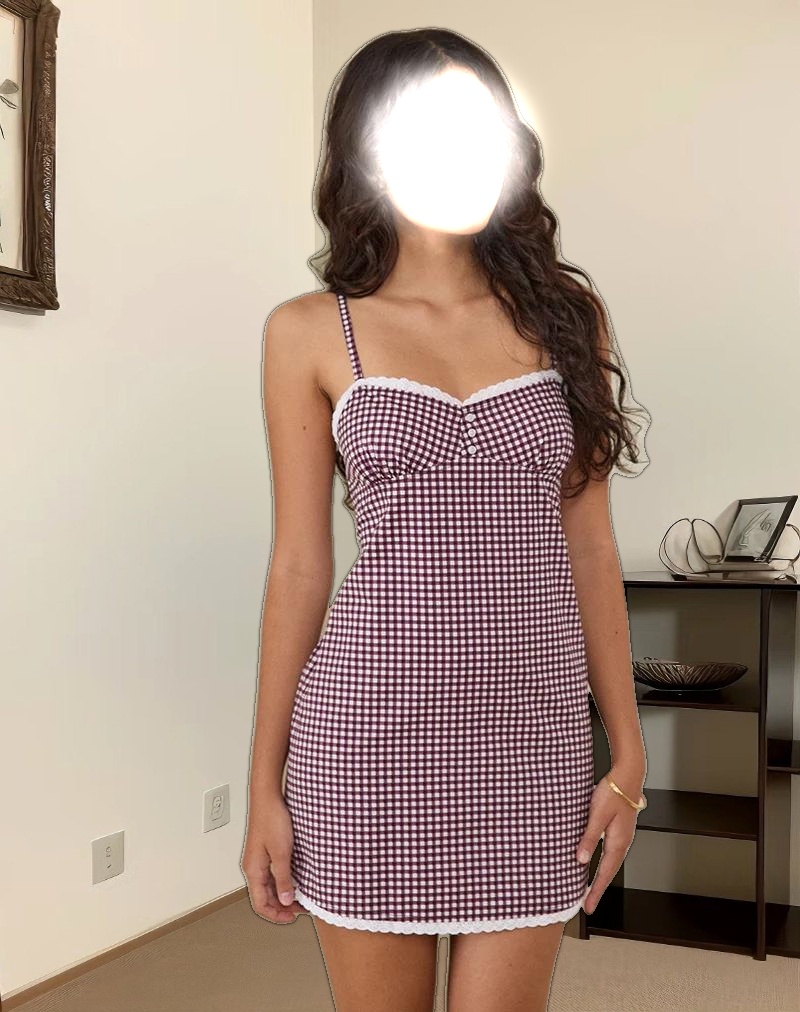 Delphine Mini Cami Dress in Mini Gingham Wine with White Lace