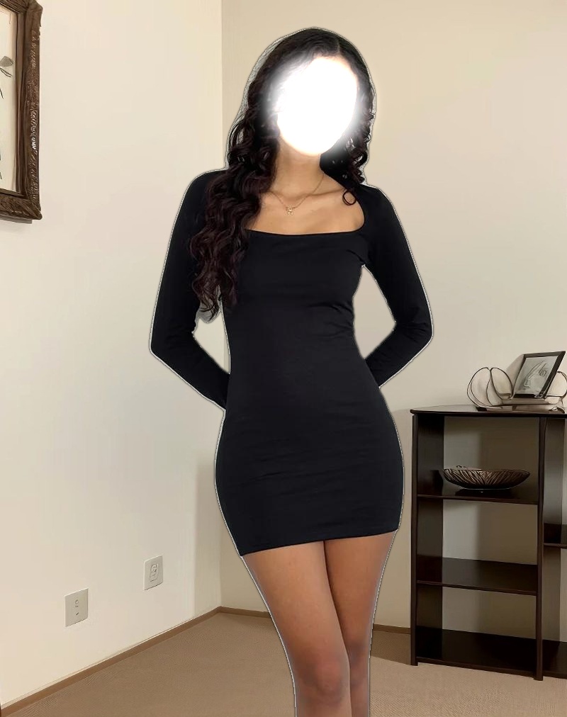 Janjisu Long Sleeve Lycra Bodycon Mini Dress in Black