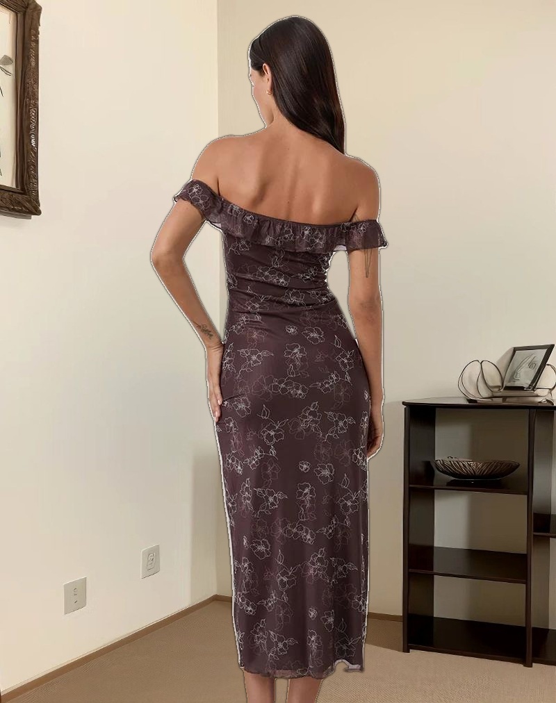 Catrin Midi Dress in Doodle Flower Flock Brown