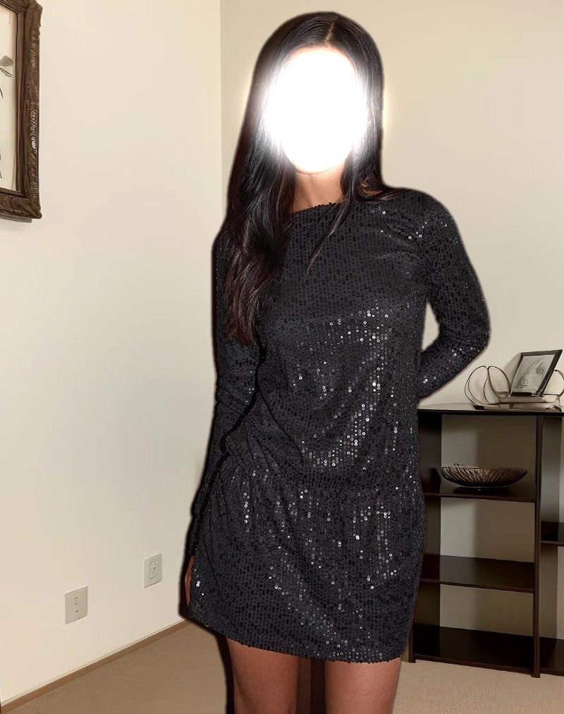 Jasilia Long Sleeve Mini Dress in Gauzy Sequin Black