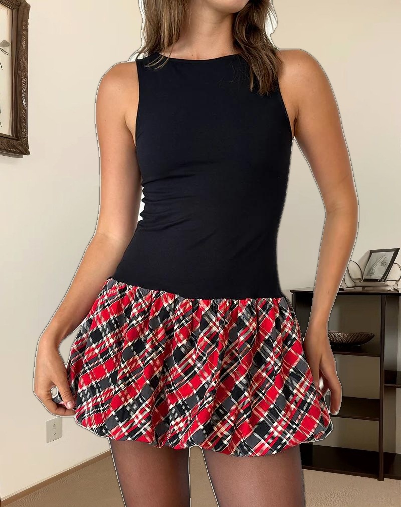 Ortega Mini Dress in Black with Diagonal Check Red