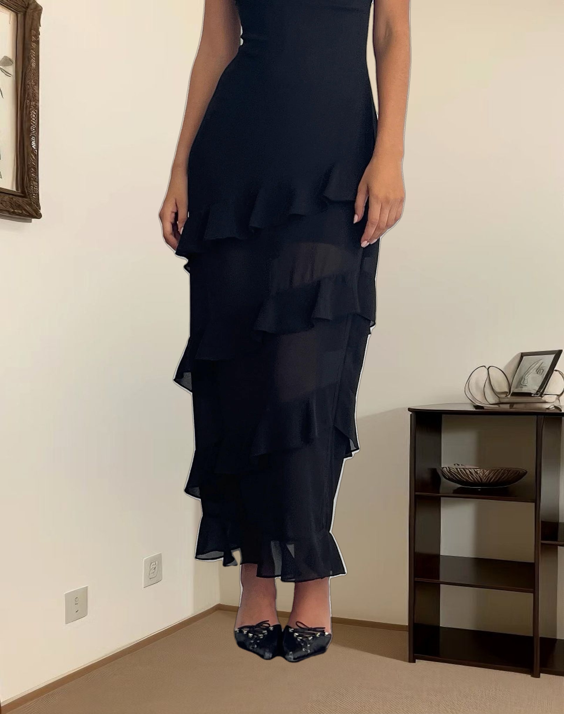 Otna Ruffle Detail Chiffon Maxi Dress in Black