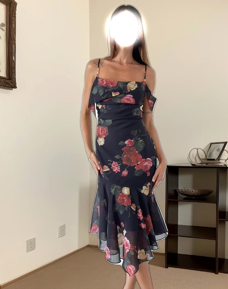 Dansya Midi Dress in Renaissance Rose Black