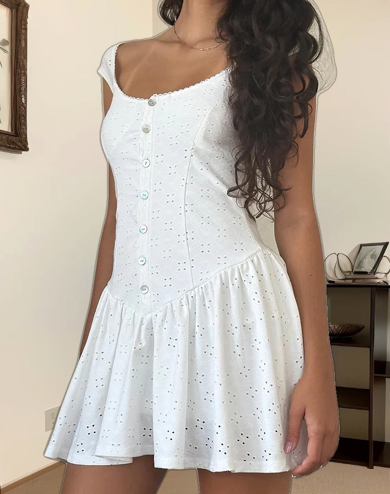 Misty Mini Tea Dress in Broderie White