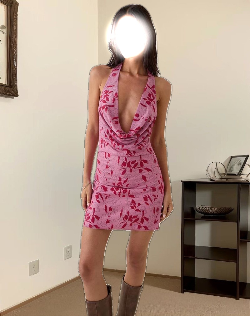 Malora Cowl Mini Dress in Stencil Flower Pink