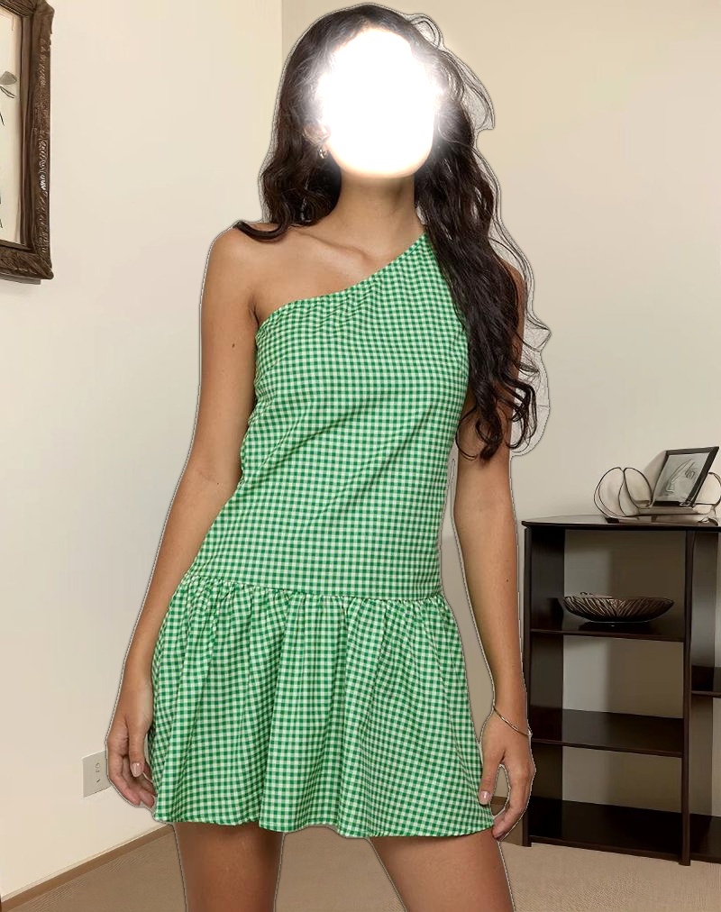 Munasa One Shoulder Mini Dress in Mini Gingham Green