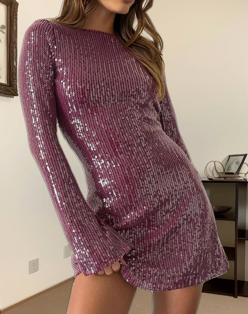 Kimberly Mini Dress in Clear Sequin Maroon