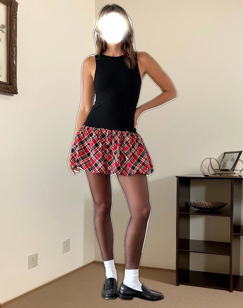 Ortega Mini Dress in Black with Diagonal Check Red