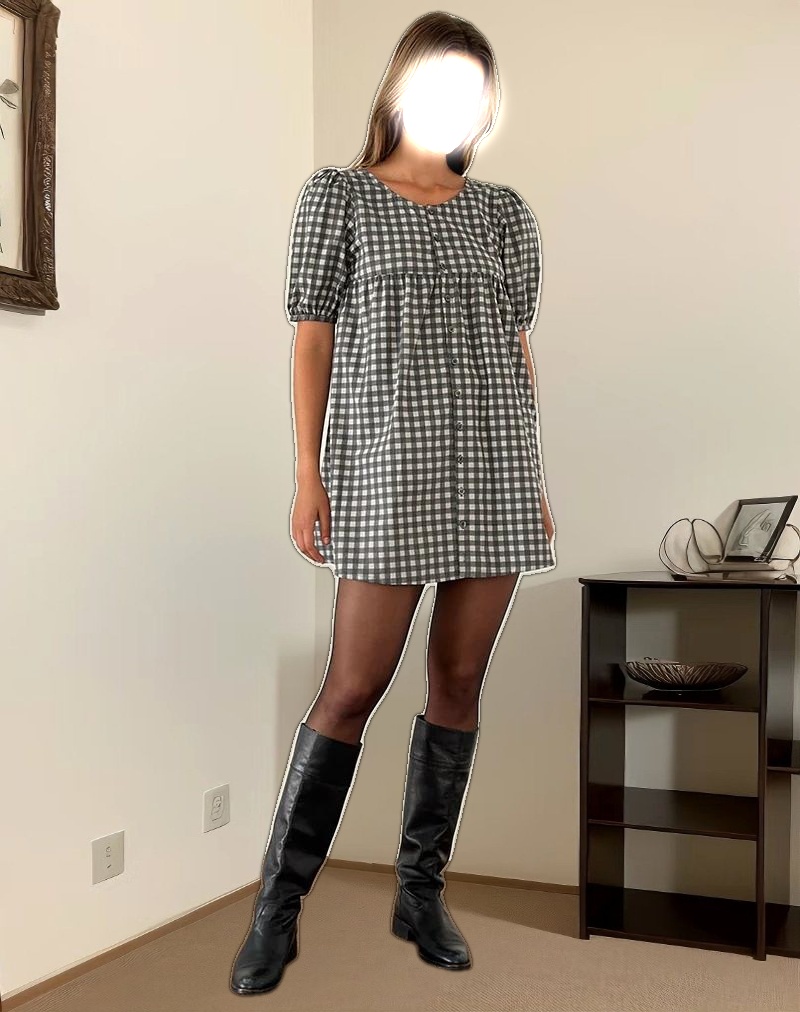 Cybera Mini Dress in Tonal Gingham Black and Grey