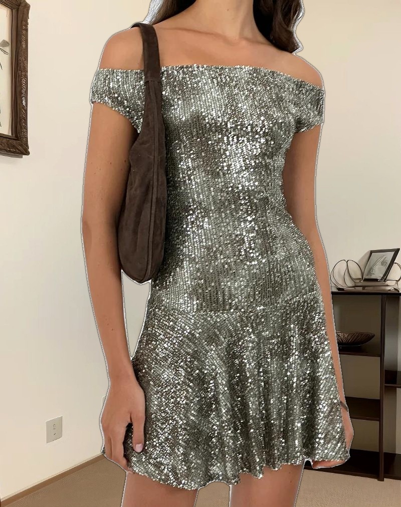 Meden Mini Dress in Sequin Green Grey